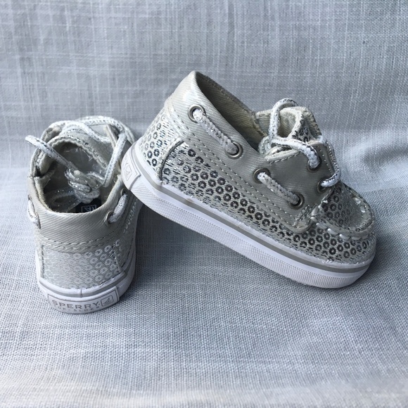 SPERRY TOP-SIDER BAHAMA CRIB SILVER SEQUIN BOAT SHOE BABY GIRLS SIZE 1 - Picture 1 of 12